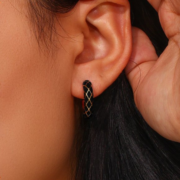 Black Enamel Geometric Pattern Hoop Earrings 18K Gold Plated Stainless - Picture 3 of 9